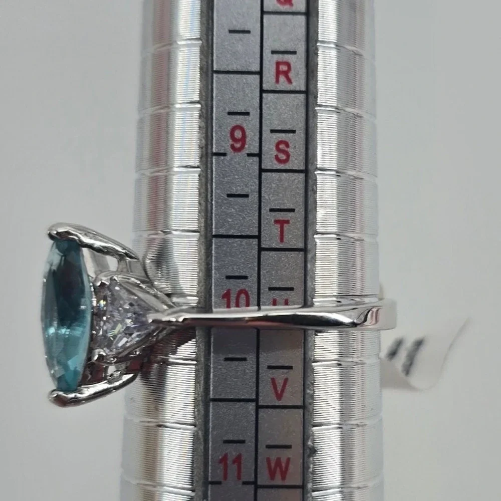 Ring Womens 10 Marquise Blue CZ Rhodium Electroplate Three-Stone NEW